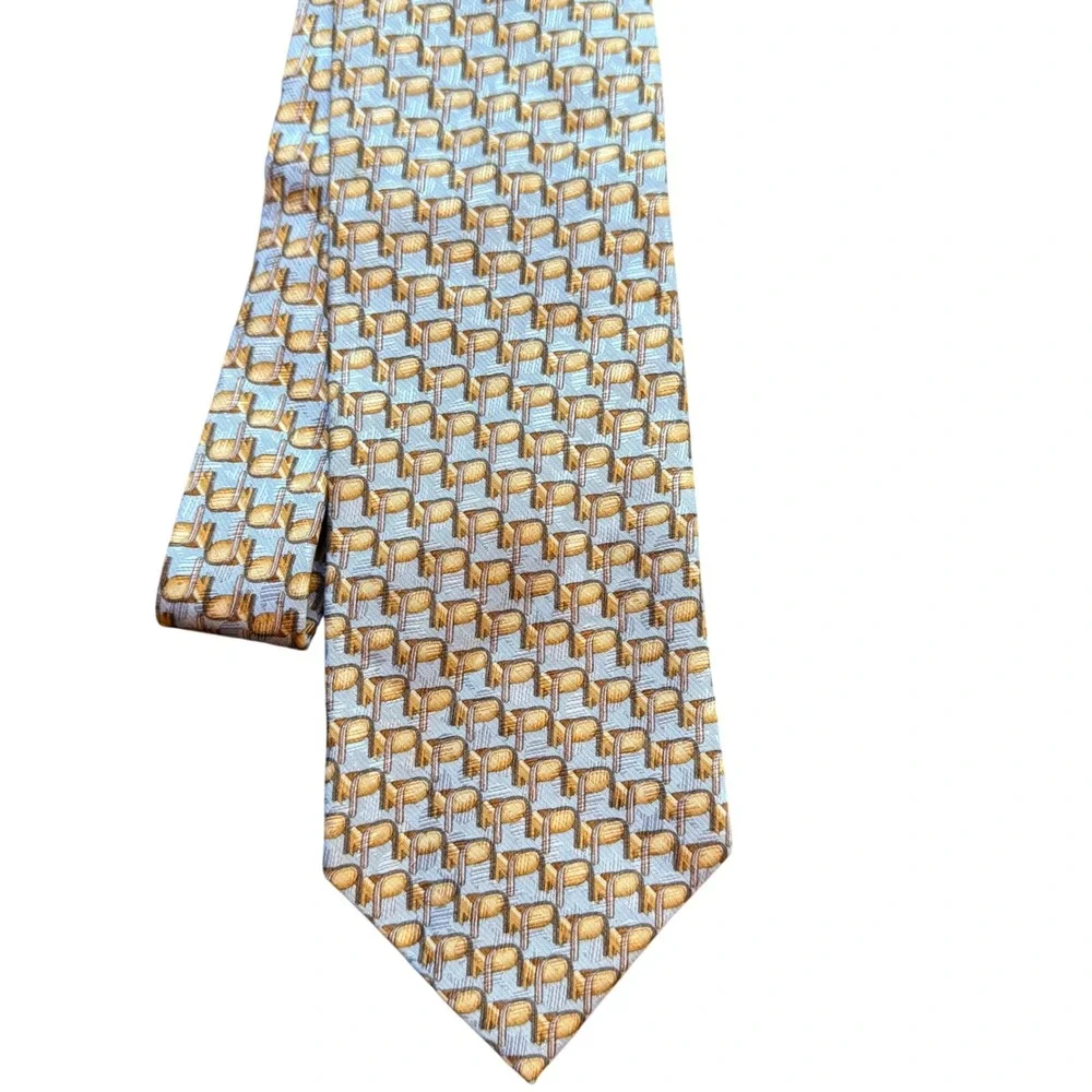 Ermenegildo Zegna Silk Tie OS Geometric Chair Pattern Blue Tan Italy Luxury